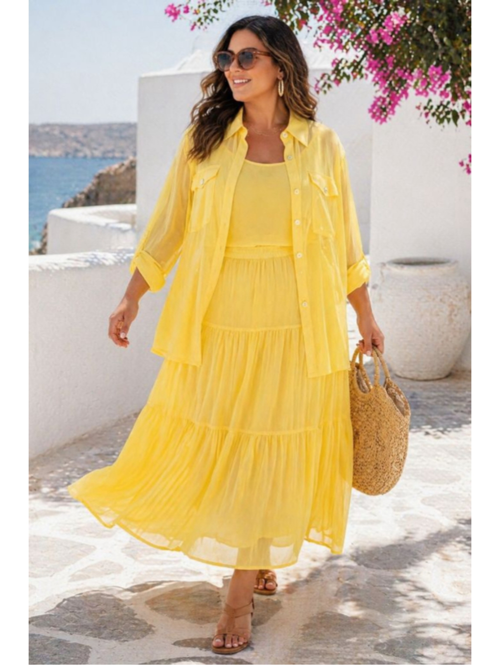 3pc Yellow Set 2X Sheer Blouse Tank Skirt Resort Outfit Spring Summer Effortless